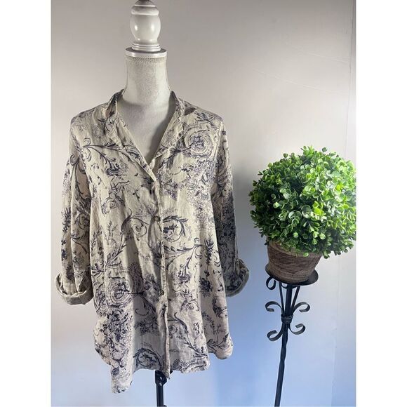 KAREN KANE LINEN PLUS SIZE OVERSIZE BLUE ANGEL TOILE BUTTON DOWN SHIRT LOOSE FIT - Picture 1 of 15